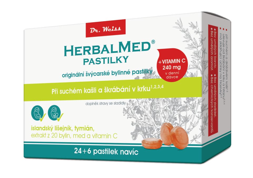 Obrázek produktu HerbalMed Dr.Weiss Islandský lišejník + tymián + med +vitamin C 24+6 pastilek
